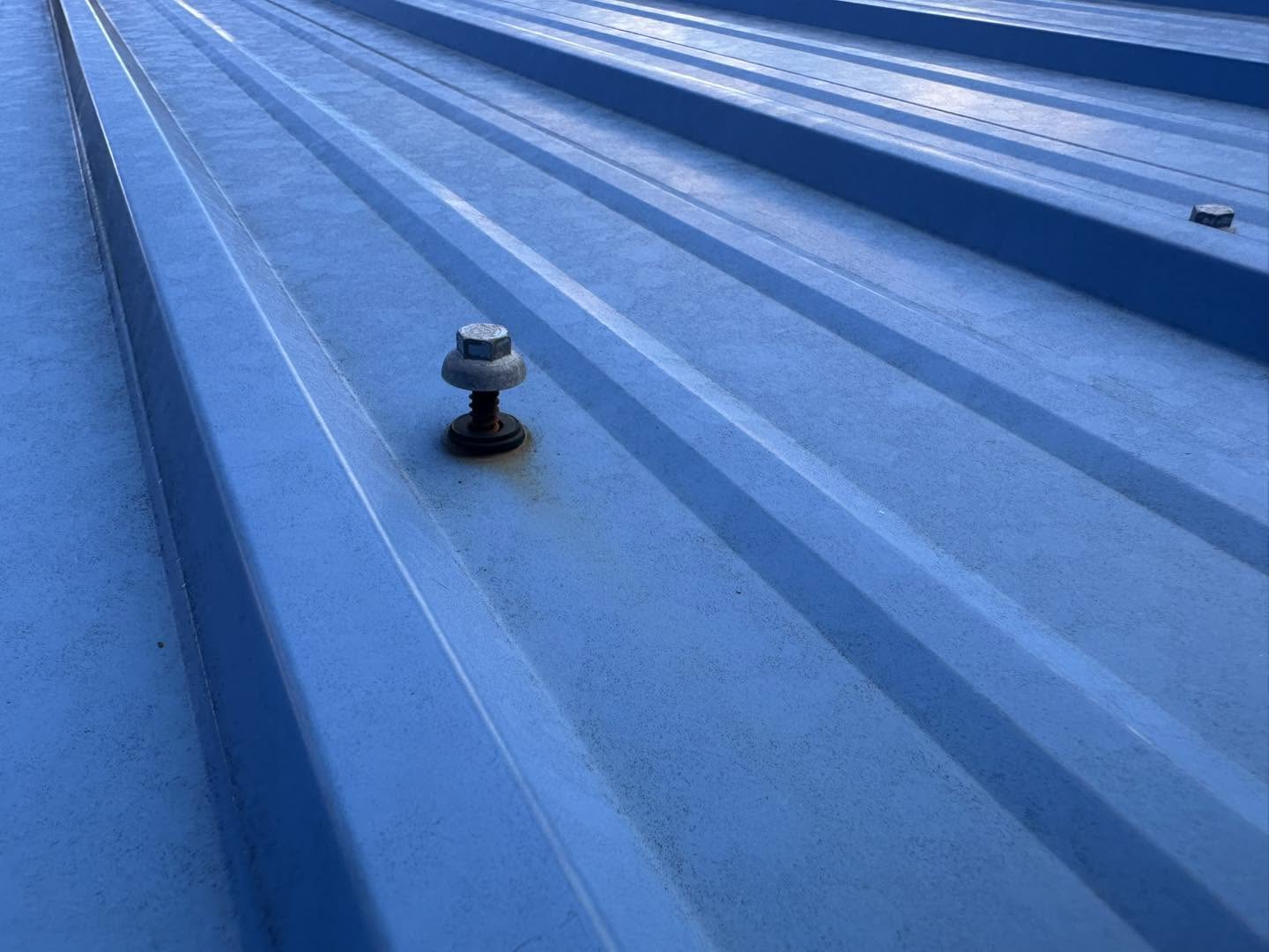 Metal roof panel with a backed-out, rusting fastener